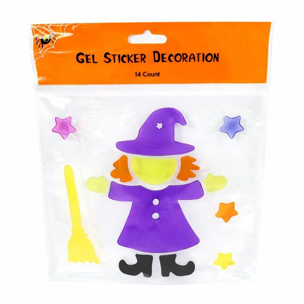 Halloween Gel Sticker Window Fridge Decoration 14 Count Witch Broom Star Hat